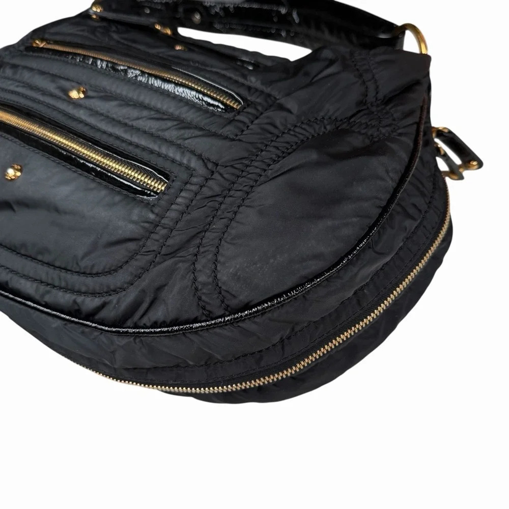 Tod's Tods Pashmy‎ Luna Black Nylon & Patent Leather Hobo w Zipper Detail